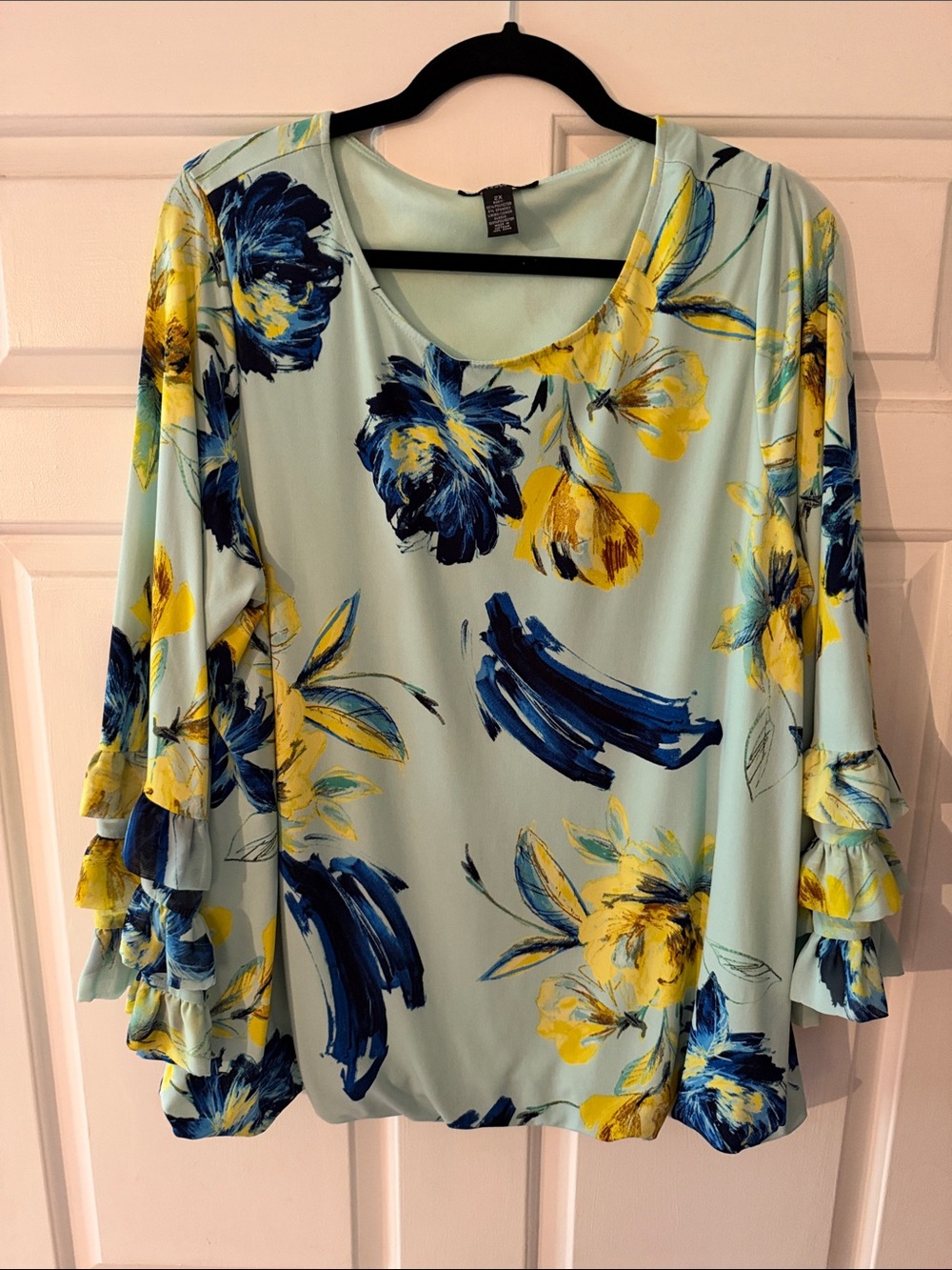 Alfani Light Blue Floral Ruffle Sleeve Blouse